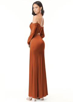 Azazie Hallie At-home Try On Dresses Peacock Sheath Off-The-Shoulder Long Sleeve Stretch Satin Convertible Dress image6