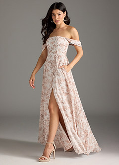 Azazie Chrysanta Final Sale Pink Fern Floral A-Line Off the Shoulder Chiffon Convertible Dress image5