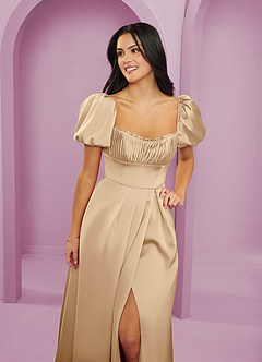 Barbie ♥ Azazie Bridesmaid Dresses Champagne A-Line Ruched Stretch Satin Dress image5