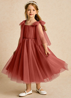 Azazie Dori Robe Demoiselle D'honneur Fillette Robe Trapèze en Tulle Rayé Terracotta image5