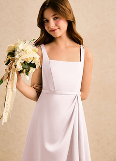 Azazie Emiko Girls Formal Flower Girl Dresses Blushing Pink A-Line Pleated Matte Satin Dress image5