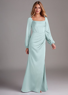 Azazie Charissa Bridesmaid Dresses Sea Glass Sheath Long Sleeve Stretch Satin Dress image6