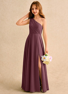 Azazie Puddles Girls Formal Robe Demoiselle D'honneur Fillette Robe Trapèze en Mousseline de soie Une épaule Sangria image3