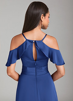 Azazie Dakota Bridesmaid Dresses Royal Blue A-Line Off the Shoulder Stretch Satin Dress image6