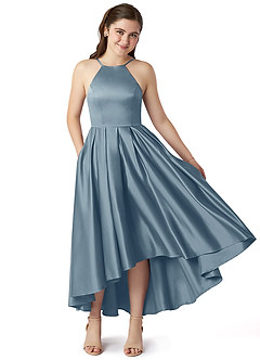 Azazie Jemima Junior Dusty Blue A-Line with Pockets Stretch Satin Dress image1