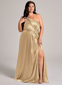 Azazie Brooke Bridesmaid Dresses Champagne A-Line One Shoulder Metallic Satin Dress image5