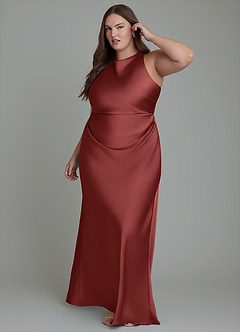 Azazie Evadne Bridesmaid Dresses Terracotta Sheath Pleated Stretch Satin Dress image11