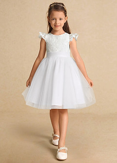 Azazie Vetty Robe Demoiselle D'honneur Fillette Robe Trapèze en Tulle Dentelle Ivoire Blanc image6