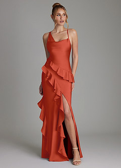 Azazie Jayda Bridesmaid Dresses Rust A-Line Ruched Stretch Satin Dress image1
