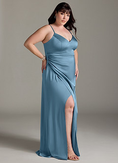 Azazie Marchella Bridesmaid Dresses Steel Blue A-Line Corset Stretch Satin Dress image9
