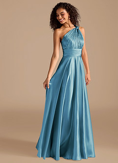 Azazie Charlize Bridesmaid Dresses Steel Blue A-Line One Shoulder Metallic Satin Dress image12