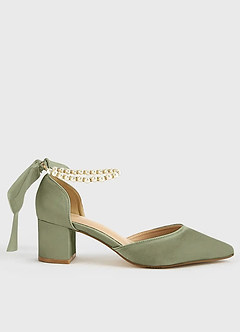 front Matching Color Matte Satin Pearl and Bow Pointed Toe Block Heels