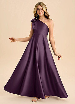 Azazie Penguin Junior Plum A-Line Bow Stretch Satin Dress image1