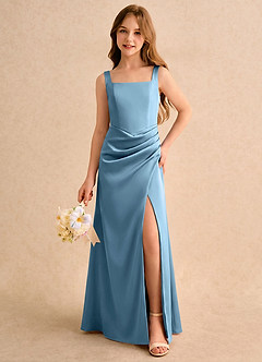 Azazie Noah Girls Formal Jurken voor bloemenmeisjes Kolom Jurk van Stretch Satijn Geplooide Staal Blauw image3