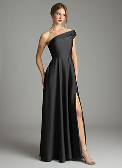 Azazie Melanie Bridesmaid Dresses Black A-Line Off the Shoulder Stretch Satin Dress image5