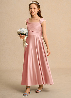 Azazie Bundle Junior Formal vestidos de niña de las flores Vestido de Rosetón de Satin Mate de Corte En A con Plisado image5