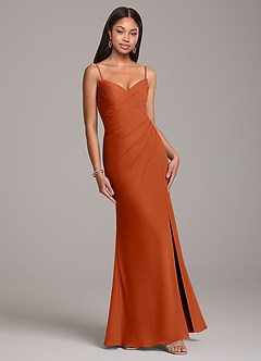 Azazie Yola Bridesmaid Dresses Burnt Orange Sheath Pleated Chiffon Convertible Dress image5