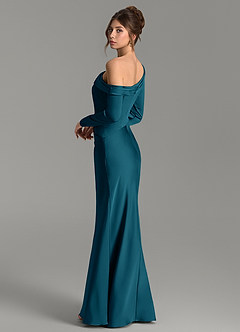Azazie Sandra Bridesmaid Dresses Ink Blue Mermaid Long Sleeve Stretch Satin Dress image2