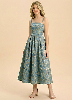 Azazie Florentine Junior Formal Vestido de Pizarra Descolorida Floral de Tafetán Jacquard de Corte en A con Plisado image3