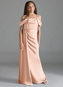 Azazie Amyra Junior Rose Gold Sheath Off the Shoulder Stretch Satin Dress image3