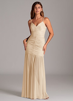 Azazie Aimie Bridesmaid Dresses Champagne Mermaid Mesh Dress image1