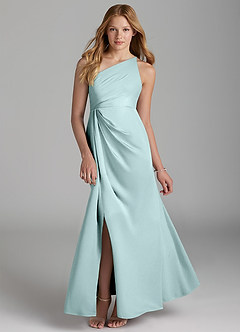 Azazie Mika Junior Sea Glass A-Line Pleated Stretch Satin Dress image1