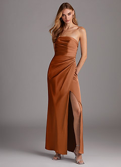 Azazie Lexie Venta Final Vestido de Cobre de Satén Elástico de Corte Recto Convertible con Sin tirantes image1