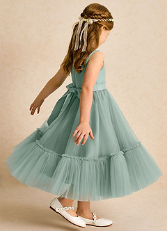 Azazie Miracle Flower Girl Dresses Silver Sage A-Line Bow Matte Satin Dress image5