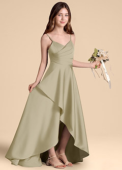 Azazie Prisha Junior Abito A-Line in Raso Elasticizzato Plissettato Verde Muschio image8