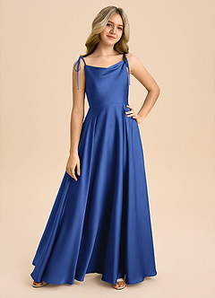 Azazie Popsy Junior A라인 절하다 스트레치 새틴 플로어 길이 주니어 신부 들러리 드레스 image8