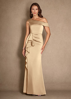 Azazie Hamptons Final Sale Champagne A-Line Pleated Stretch Satin Dress image1