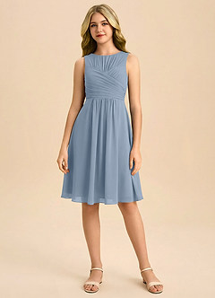 Azazie Skyla Junior Vestido de Azul Polvoriento de Gasa de Corte en A con Plisado image3