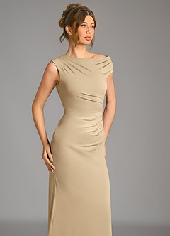 Azazie Nazanin Bridesmaid Dresses Champagne Mermaid Off the Shoulder Premium Stretch Jersey Dress image7