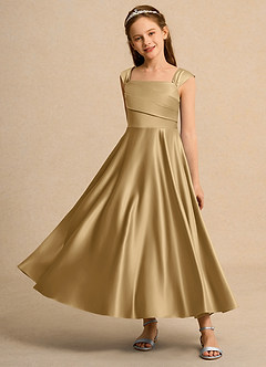 Azazie Bundle Girls Formal Flower Girl Dresses Gold A-Line Pleated Matte Satin Dress image6