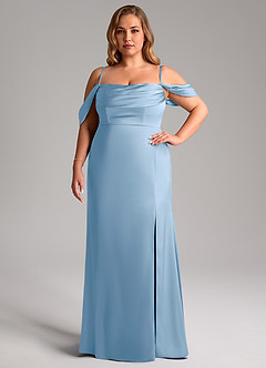 Azazie Saige Vestidos de damas de honor Vestido de Azul Pálido de Satén Elástico de Corte Recto con Vestidos sin tirantes image15