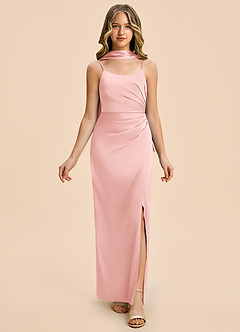 Azazie Calandra Junior Powder Pink Sheath Pleated Stretch Satin Dress image5