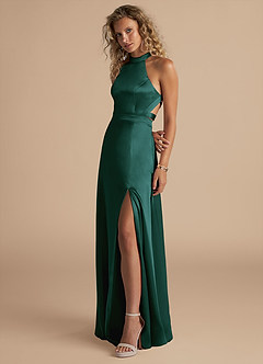 Azazie Clarice Bridesmaid Dresses Pine A-Line High Neck Metallic Satin Dress image5