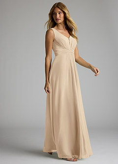 Azazie Gina Bridesmaid Dresses Champagne A-Line V-Neck Pleated Chiffon Dress image4