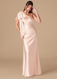 Azazie Capri Bridesmaid Dresses Rose Gold Sheath One Shoulder Metallic Satin Dress image1