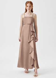 Azazie Kaylee Junior Taupe A-Line with Belt Metallic Satin Dress image5