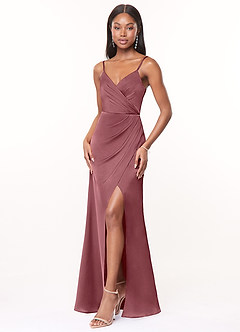 Azazie Maci Bridesmaid Dresses Desert Rose A-Line V-Neck Pleated Stretch Satin Dress image3