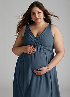 Azazie Yetta Maternity Bridesmaid Dresses A-Line V-Neck Gathered Chiffon Floor-Length Dress image8