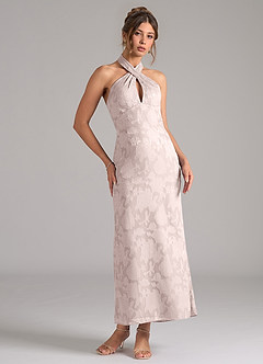 Azazie Marlissa Bridesmaid Dresses Blushing Pink Sheath Pleated Floral Burnout Dress image5