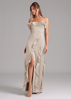 Azazie Malia Robes de demoiselle d'honneur Robe Trapèze en Satin extensible Fente Latérale Givre image1