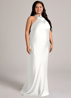 Azazie Velli Brautjungfernkleider Meerjungfrau-Linie Hoher Kragen Stretch-Satin Kleid Weiß image10