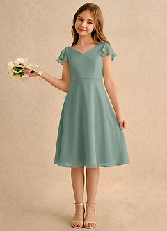 Azazie Narin Girls Formal Flower Girl Dresses Silver Sage A-Line with Sleeves Chiffon Dress image1