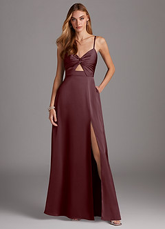 Azazie Jenna Bridesmaid Dresses Sangria A-Line Pleated Stretch Satin Dress image2