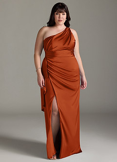 Azazie Maive Bridesmaid Dresses Burnt Orange Sheath Ruched Stretch Satin Dress image10