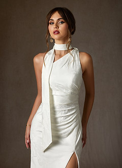 Azazie Misty Wedding Dresses Diamond White Sheath One Shoulder Floral Jacquard Dress image6