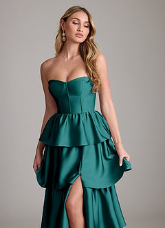 Azazie Faye Bridesmaid Dresses Peacock A-Line Ruched Stretch Satin Dress image5